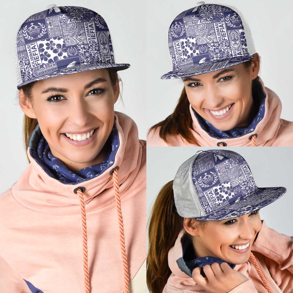 Blue Tonga Kilisimasi Fiefia Mesh Trucker Cap Pacific Patchwork Xmas Vibes - Polynesian Pride