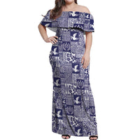 Blue Tonga Kilisimasi Fiefia Off Shoulder Maxi Dress Pacific Patchwork Xmas Vibes - Polynesian Pride