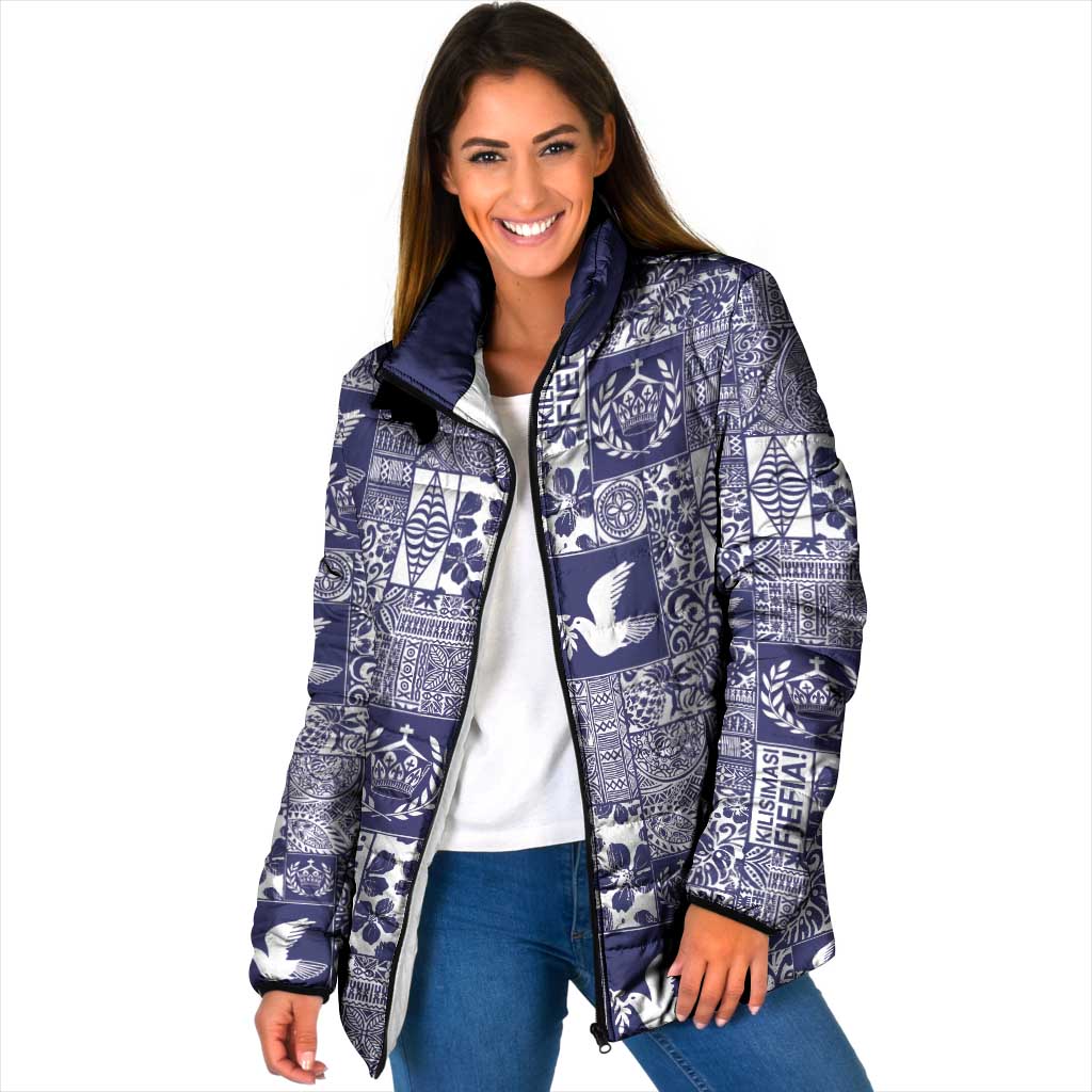 Blue Tonga Kilisimasi Fiefia Padded Jacket Pacific Patchwork Xmas Vibes - Polynesian Pride