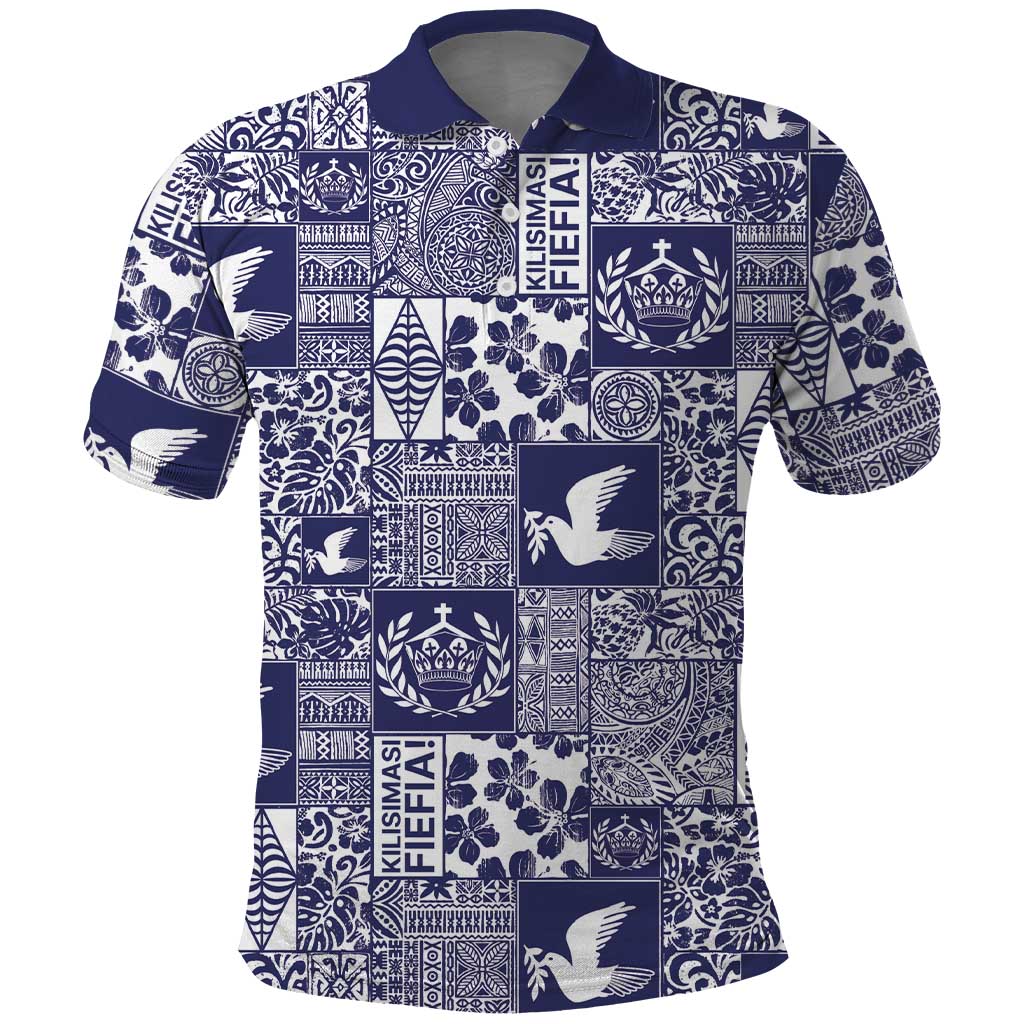 Blue Tonga Kilisimasi Fiefia Polo Shirt Pacific Patchwork Xmas Vibes - Polynesian Pride