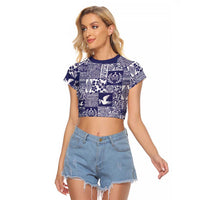 Blue Tonga Kilisimasi Fiefia Raglan Cropped T Shirt Pacific Patchwork Xmas Vibes LT9 Female Blue - Polynesian Pride