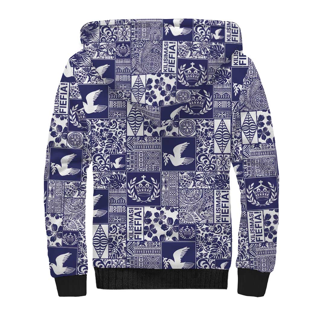 Blue Tonga Kilisimasi Fiefia Sherpa Hoodie Pacific Patchwork Xmas Vibes - Polynesian Pride