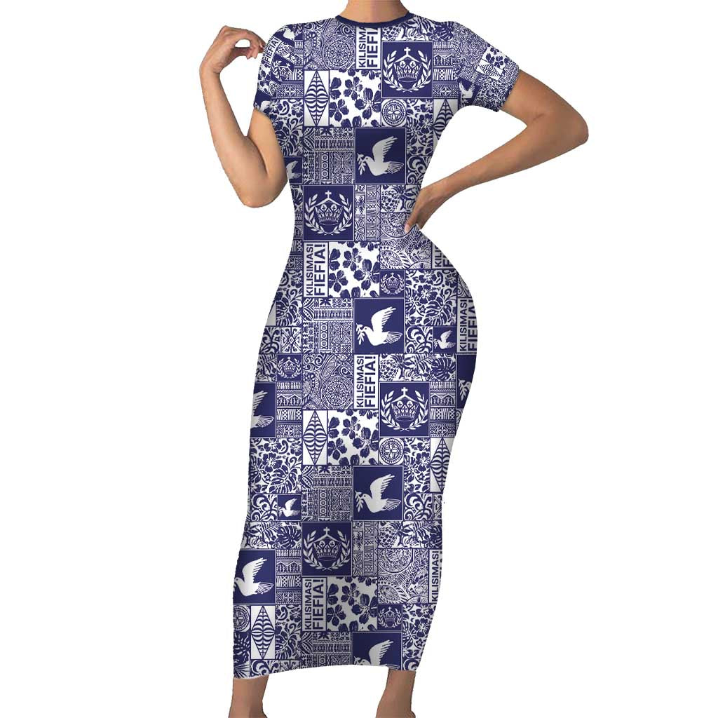 Blue Tonga Kilisimasi Fiefia Short Sleeve Bodycon Dress Pacific Patchwork Xmas Vibes - Polynesian Pride