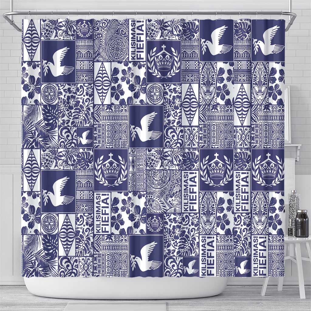 Blue Tonga Kilisimasi Fiefia Shower Curtain Pacific Patchwork Xmas Vibes - Polynesian Pride
