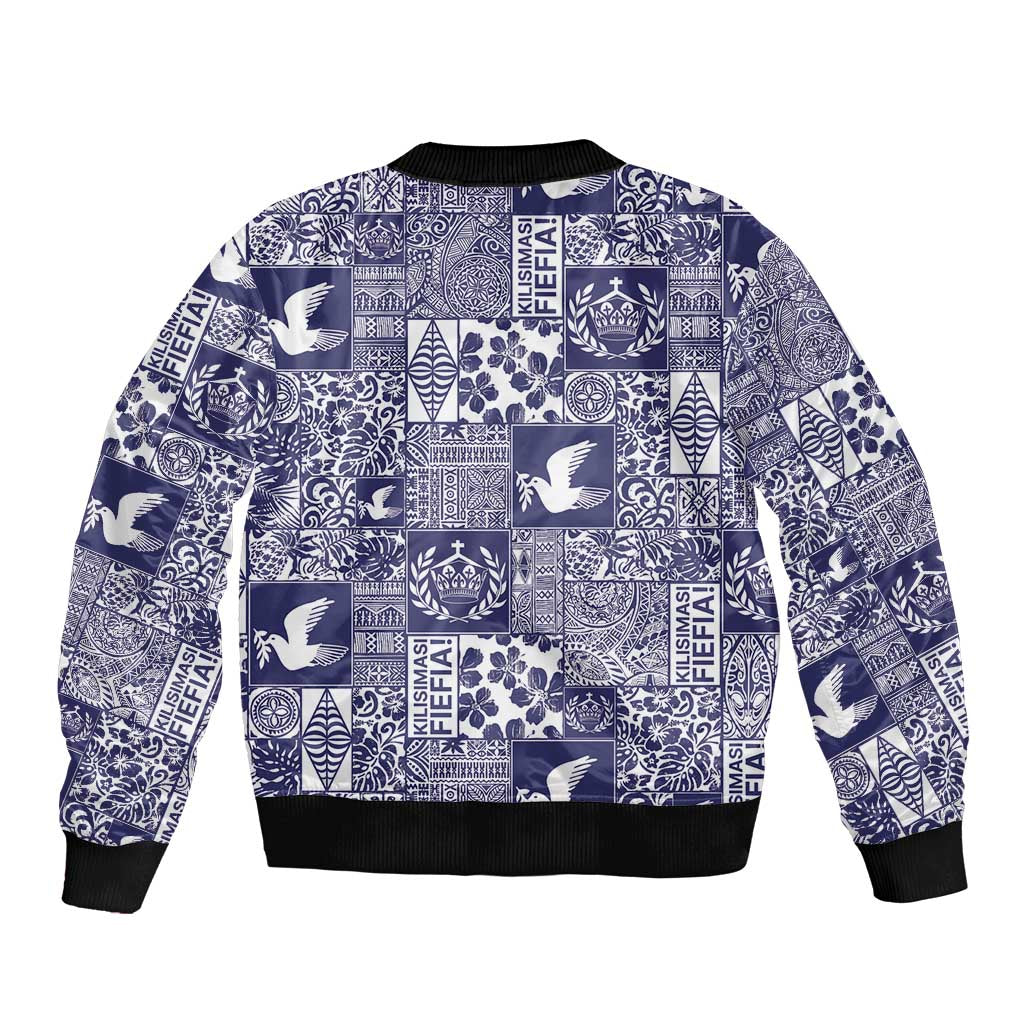 Blue Tonga Kilisimasi Fiefia Sleeve Zip Bomber Jacket Pacific Patchwork Xmas Vibes - Polynesian Pride