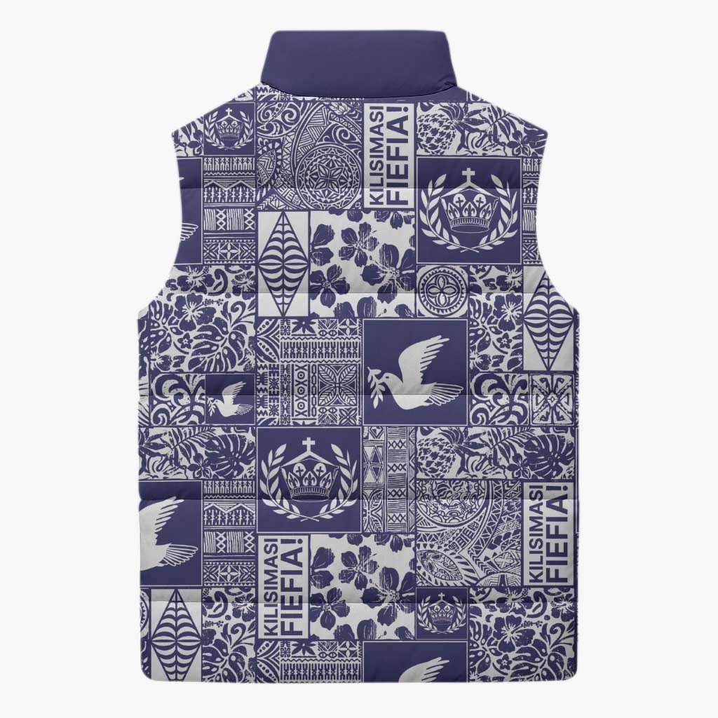 Blue Tonga Kilisimasi Fiefia Sleeveless Puffer Jacket Pacific Patchwork Xmas Vibes - Polynesian Pride