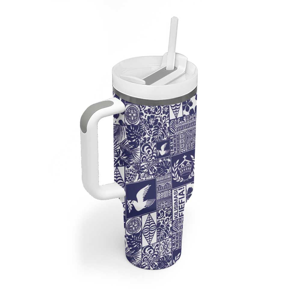 Blue Tonga Kilisimasi Fiefia Tumbler With Handle Pacific Patchwork Xmas Vibes - Polynesian Pride