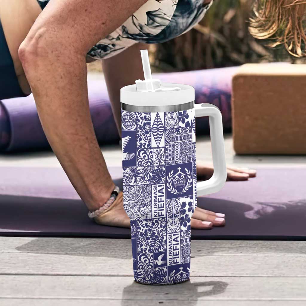 Blue Tonga Kilisimasi Fiefia Tumbler With Handle Pacific Patchwork Xmas Vibes - Polynesian Pride