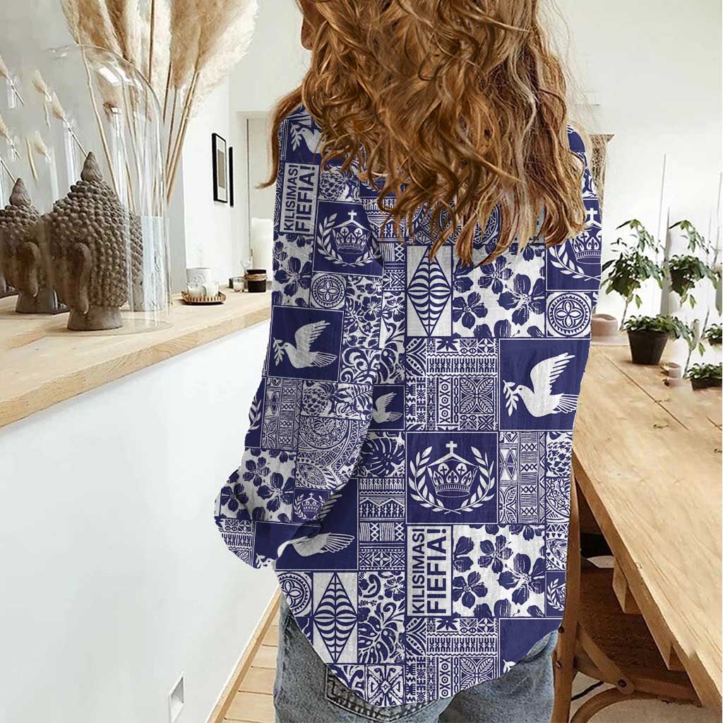 Blue Tonga Kilisimasi Fiefia Women Casual Shirt Pacific Patchwork Xmas Vibes - Polynesian Pride