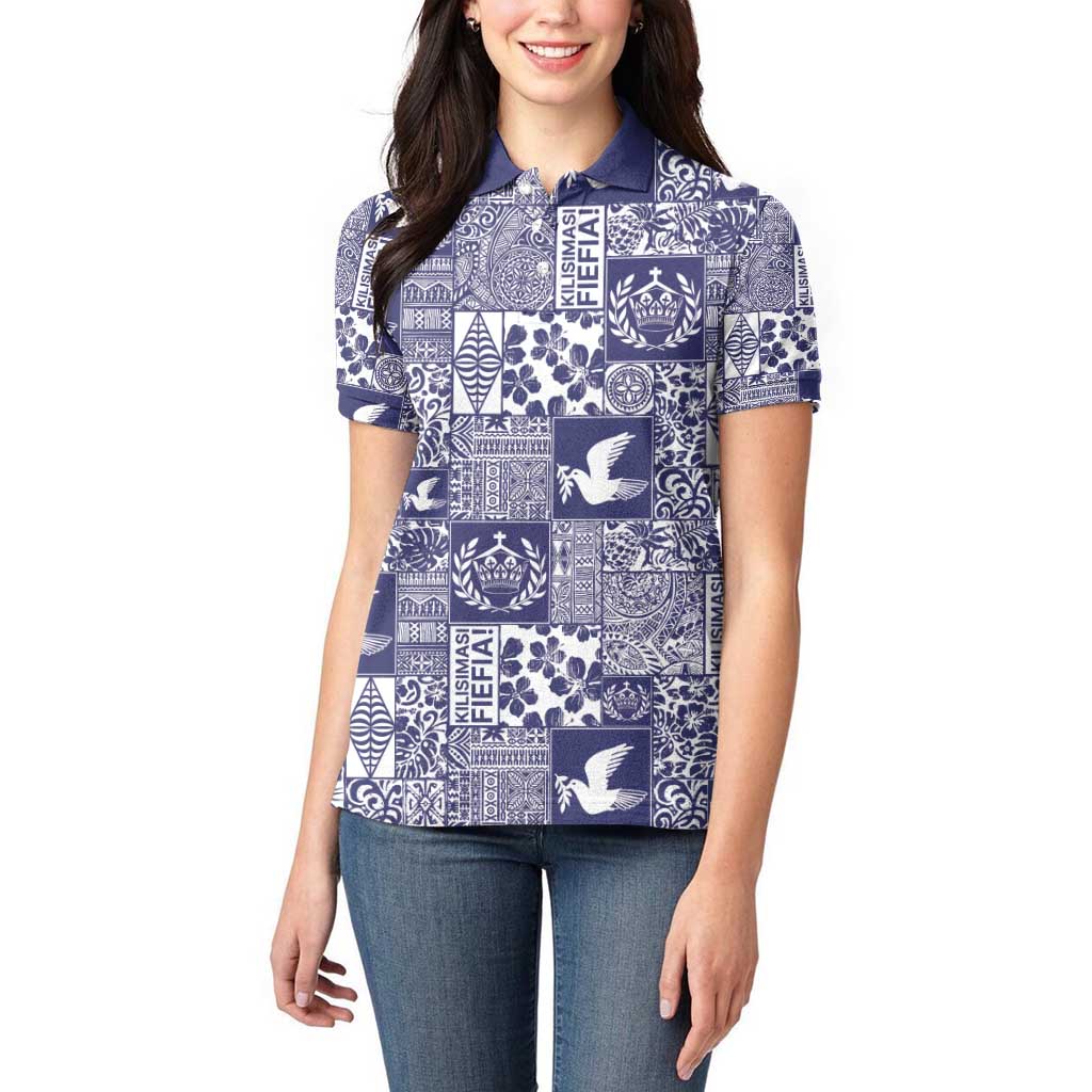 Blue Tonga Kilisimasi Fiefia Women Polo Shirt Pacific Patchwork Xmas Vibes - Polynesian Pride