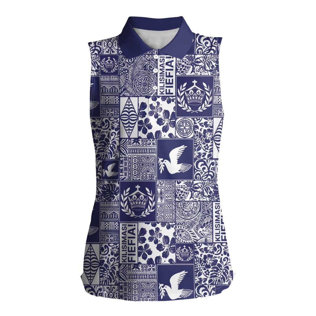 Blue Tonga Kilisimasi Fiefia Women Sleeveless Polo Shirt Pacific Patchwork Xmas Vibes - Polynesian Pride