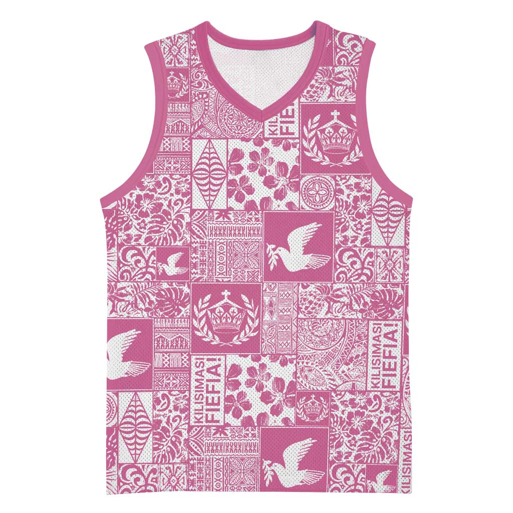 Pink Tonga Kilisimasi Fiefia Basketball Jersey Pacific Patchwork Xmas Vibes - Polynesian Pride