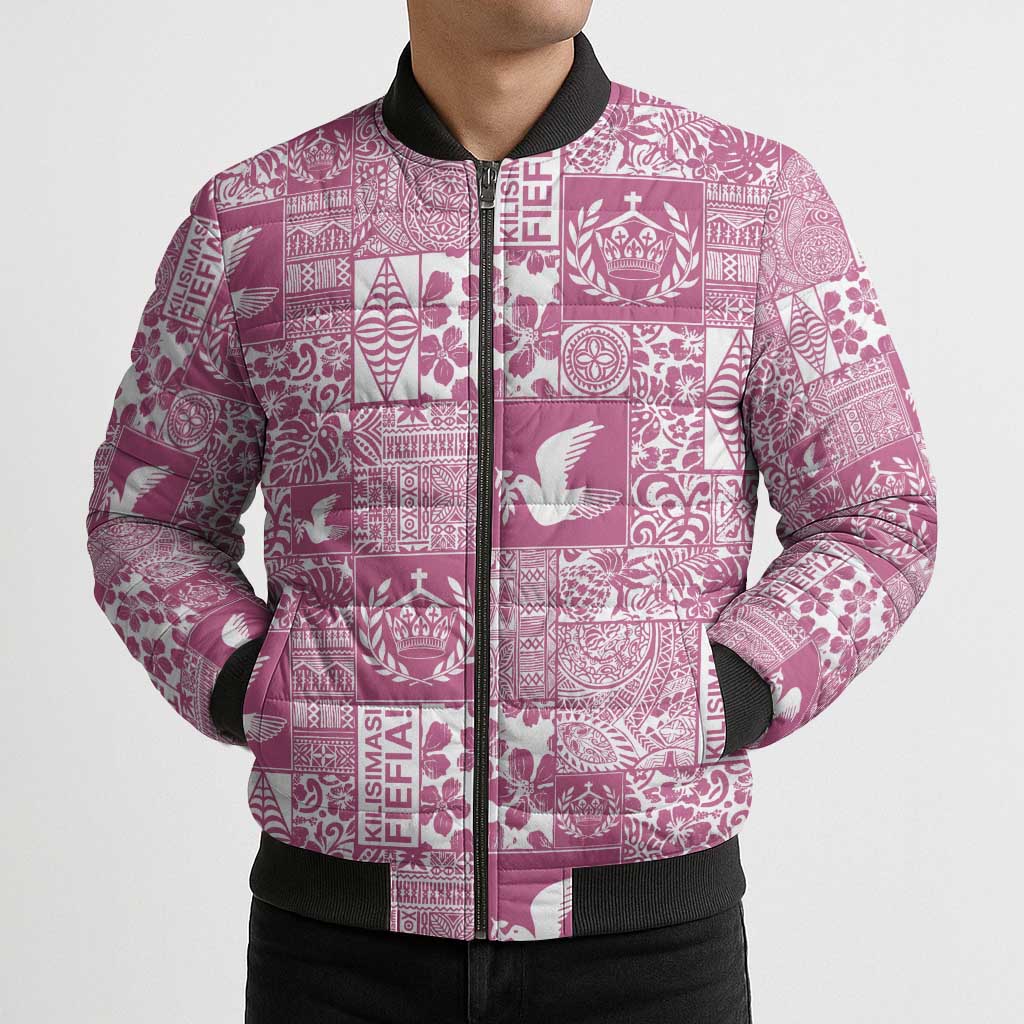 Pink Tonga Kilisimasi Fiefia Bomber Puffer Jacket Pacific Patchwork Xmas Vibes - Polynesian Pride