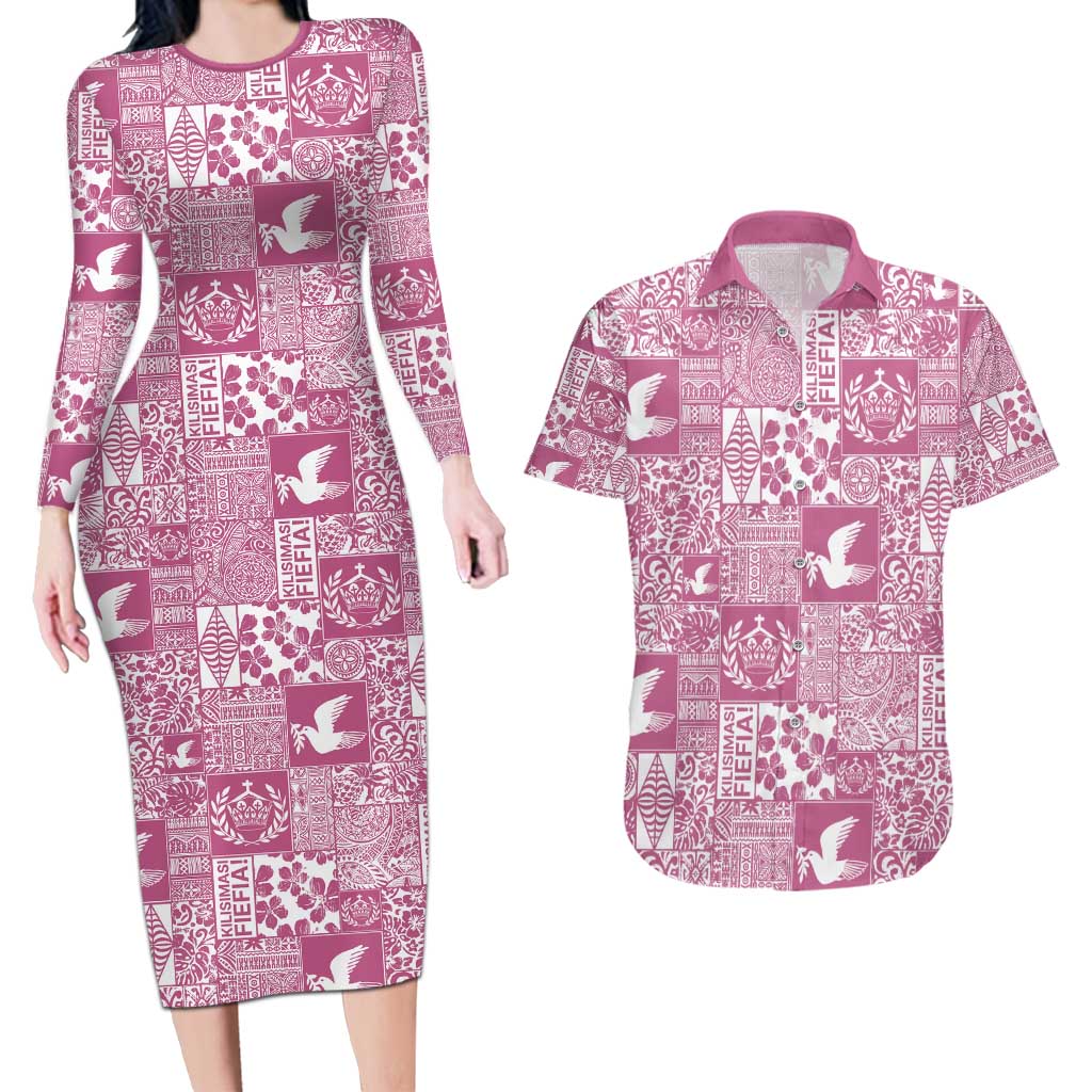 Pink Tonga Kilisimasi Fiefia Couples Matching Long Sleeve Bodycon Dress and Hawaiian Shirt Pacific Patchwork Xmas Vibes - Polynesian Pride