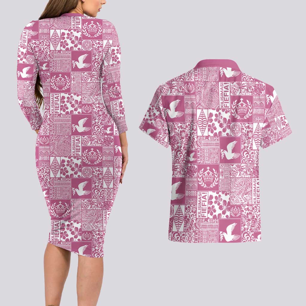Pink Tonga Kilisimasi Fiefia Couples Matching Long Sleeve Bodycon Dress and Hawaiian Shirt Pacific Patchwork Xmas Vibes - Polynesian Pride