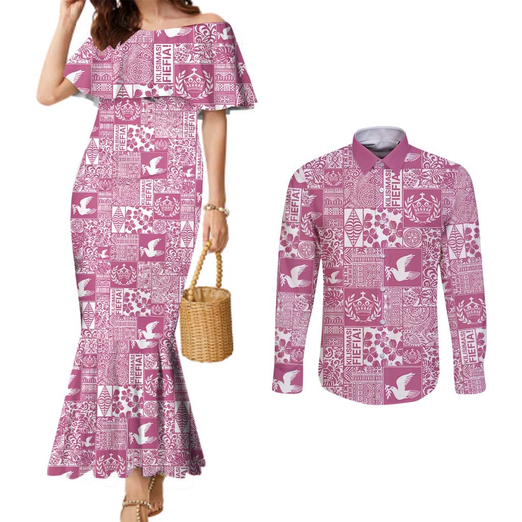 Pink Tonga Kilisimasi Fiefia Couples Matching Mermaid Dress and Long Sleeve Button Shirt Pacific Patchwork Xmas Vibes - Polynesian Pride