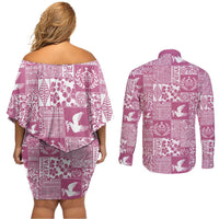 Pink Tonga Kilisimasi Fiefia Couples Matching Off Shoulder Short Dress and Long Sleeve Button Shirt Pacific Patchwork Xmas Vibes - Polynesian Pride