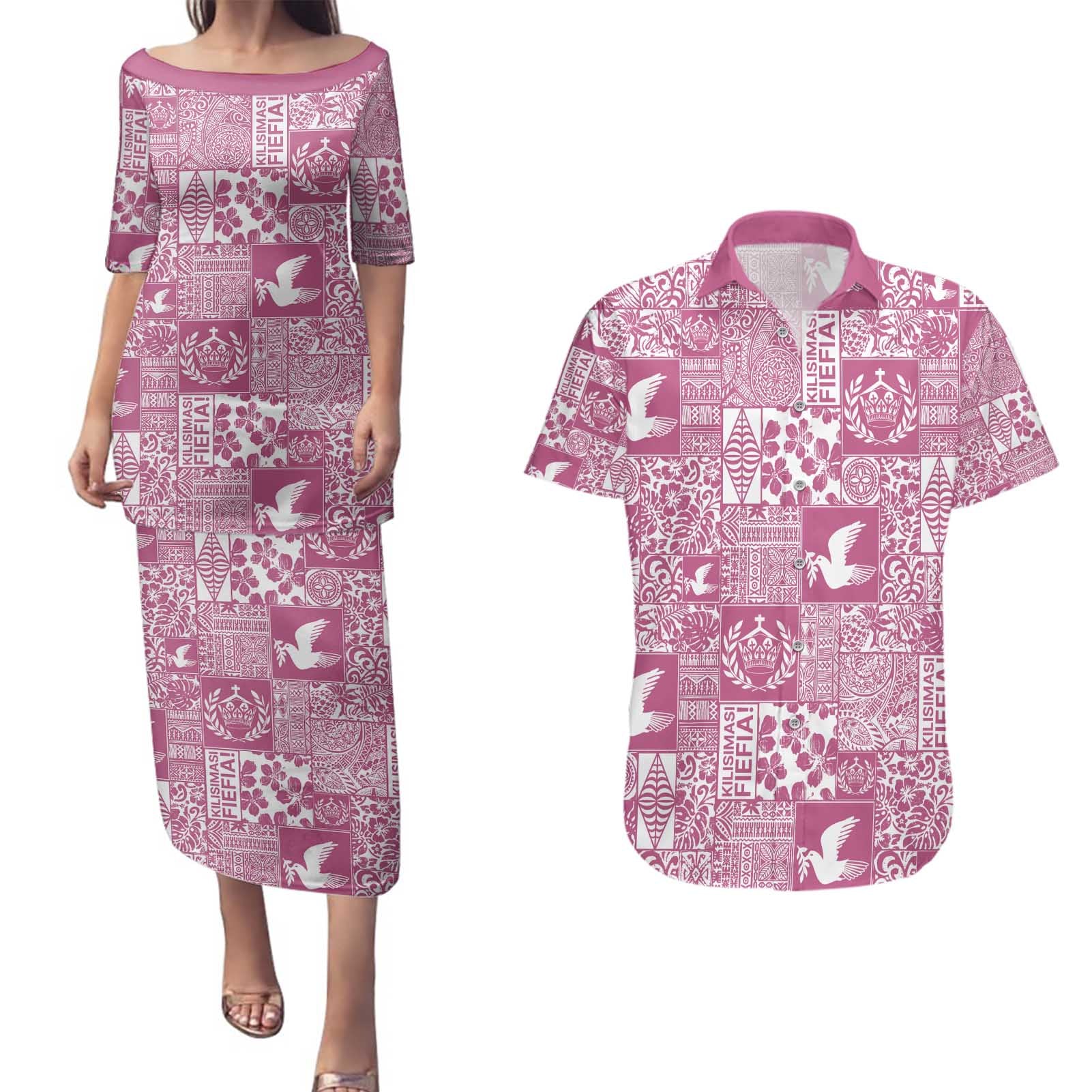 Pink Tonga Kilisimasi Fiefia Couples Matching Puletasi and Hawaiian Shirt Pacific Patchwork Xmas Vibes - Polynesian Pride