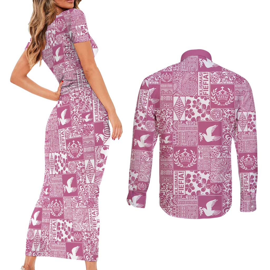 Pink Tonga Kilisimasi Fiefia Couples Matching Short Sleeve Bodycon Dress and Long Sleeve Button Shirt Pacific Patchwork Xmas Vibes - Polynesian Pride