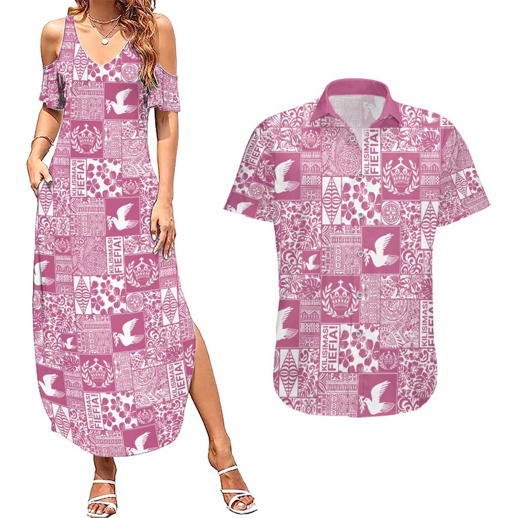 Pink Tonga Kilisimasi Fiefia Couples Matching Summer Maxi Dress and Hawaiian Shirt Pacific Patchwork Xmas Vibes - Polynesian Pride
