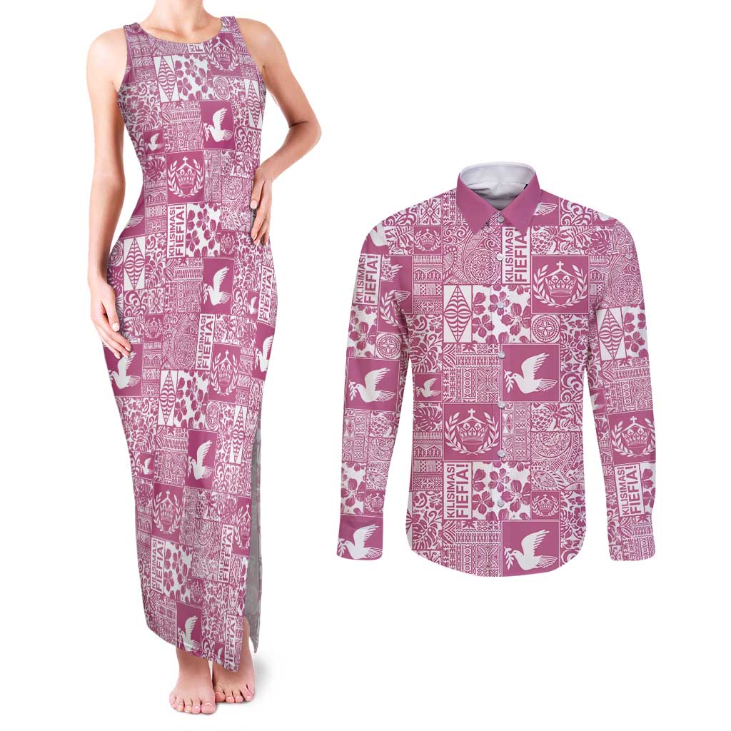 Pink Tonga Kilisimasi Fiefia Couples Matching Tank Maxi Dress and Long Sleeve Button Shirt Pacific Patchwork Xmas Vibes - Polynesian Pride