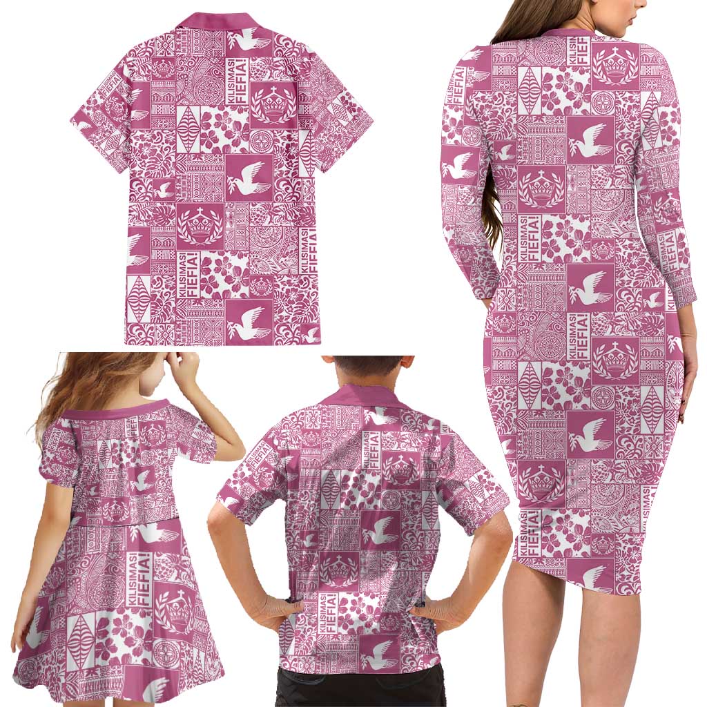 Pink Tonga Kilisimasi Fiefia Family Matching Long Sleeve Bodycon Dress and Hawaiian Shirt Pacific Patchwork Xmas Vibes - Polynesian Pride