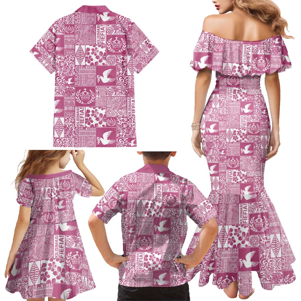 Pink Tonga Kilisimasi Fiefia Family Matching Mermaid Dress and Hawaiian Shirt Pacific Patchwork Xmas Vibes - Polynesian Pride