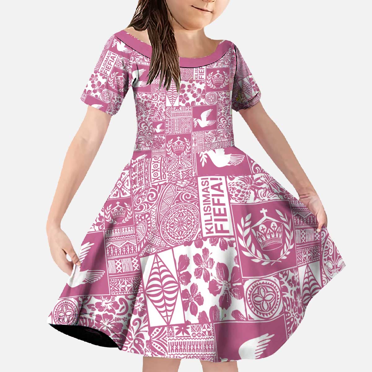 Pink Tonga Kilisimasi Fiefia Family Matching Off The Shoulder Long Sleeve Dress and Hawaiian Shirt Pacific Patchwork Xmas Vibes - Polynesian Pride