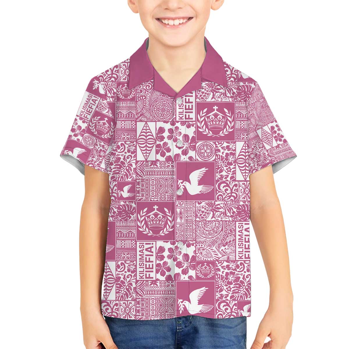 Pink Tonga Kilisimasi Fiefia Family Matching Off The Shoulder Long Sleeve Dress and Hawaiian Shirt Pacific Patchwork Xmas Vibes - Polynesian Pride