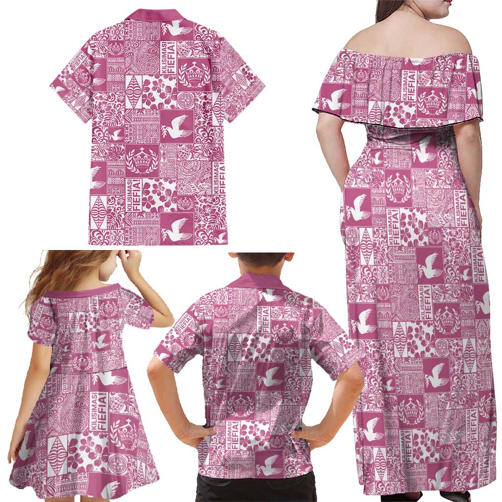 Pink Tonga Kilisimasi Fiefia Family Matching Off Shoulder Maxi Dress and Hawaiian Shirt Pacific Patchwork Xmas Vibes - Polynesian Pride