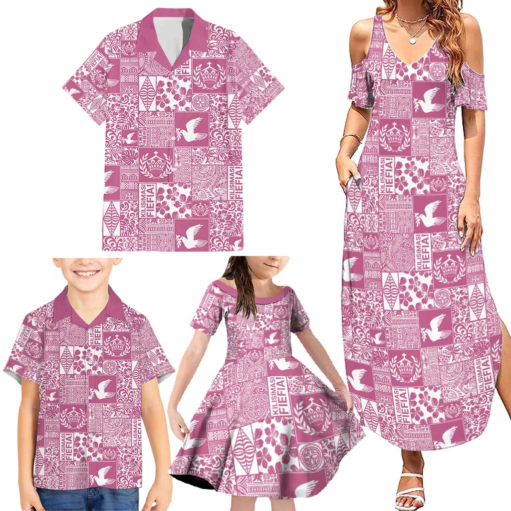 Pink Tonga Kilisimasi Fiefia Family Matching Summer Maxi Dress and Hawaiian Shirt Pacific Patchwork Xmas Vibes - Polynesian Pride