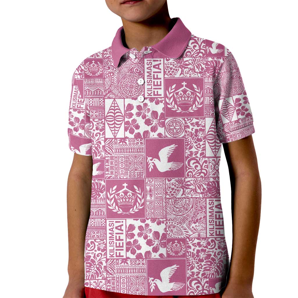 Pink Tonga Kilisimasi Fiefia Kid Polo Shirt Pacific Patchwork Xmas Vibes - Polynesian Pride