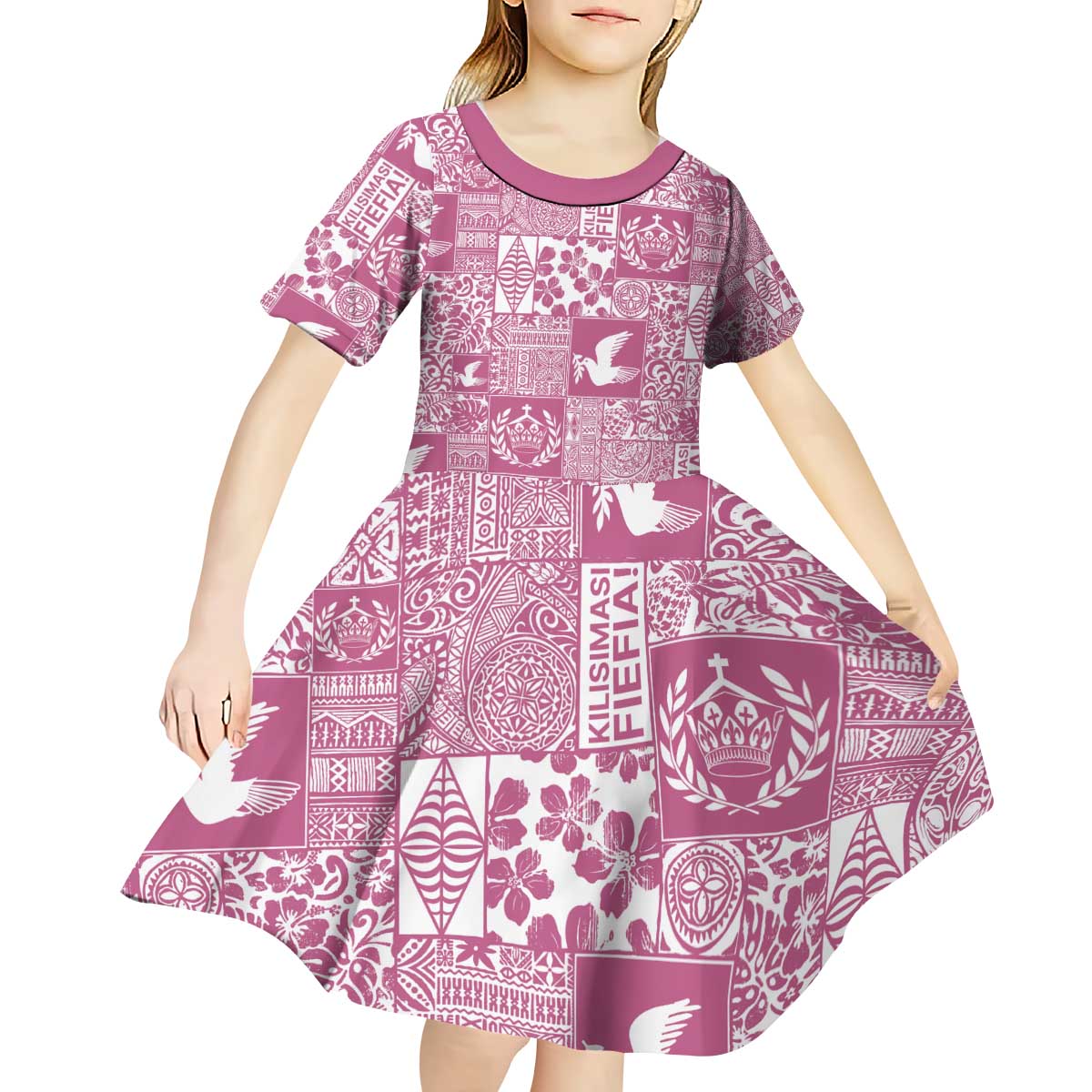 Pink Tonga Kilisimasi Fiefia Kid Short Sleeve Dress Pacific Patchwork Xmas Vibes - Polynesian Pride