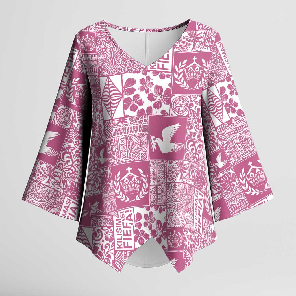 Pink Tonga Kilisimasi Fiefia Kimono Sleeve Blouse Pacific Patchwork Xmas Vibes - Polynesian Pride