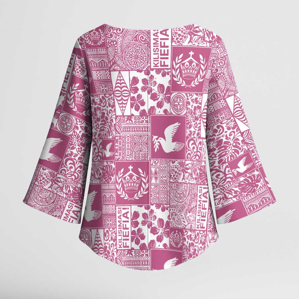 Pink Tonga Kilisimasi Fiefia Kimono Sleeve Blouse Pacific Patchwork Xmas Vibes LT9 - Polynesian Pride