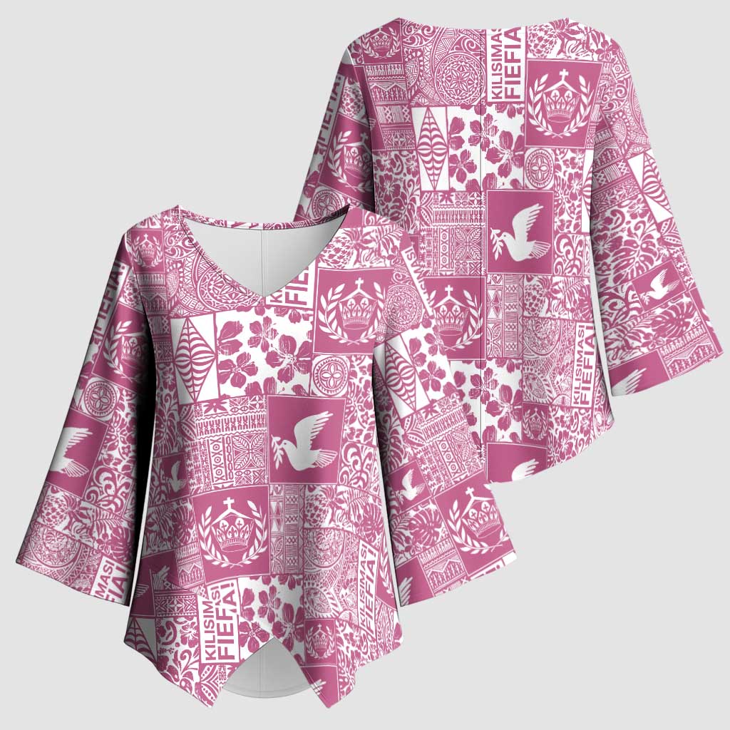 Pink Tonga Kilisimasi Fiefia Kimono Sleeve Blouse Pacific Patchwork Xmas Vibes LT9 - Polynesian Pride