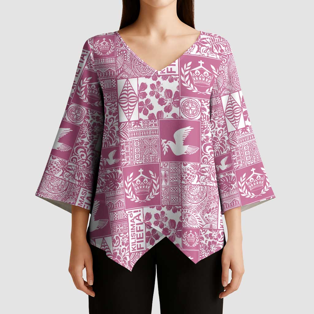 Pink Tonga Kilisimasi Fiefia Kimono Sleeve Blouse Pacific Patchwork Xmas Vibes LT9 - Polynesian Pride