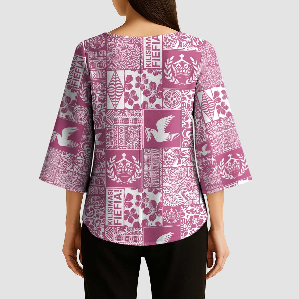 Pink Tonga Kilisimasi Fiefia Kimono Sleeve Blouse Pacific Patchwork Xmas Vibes LT9 - Polynesian Pride