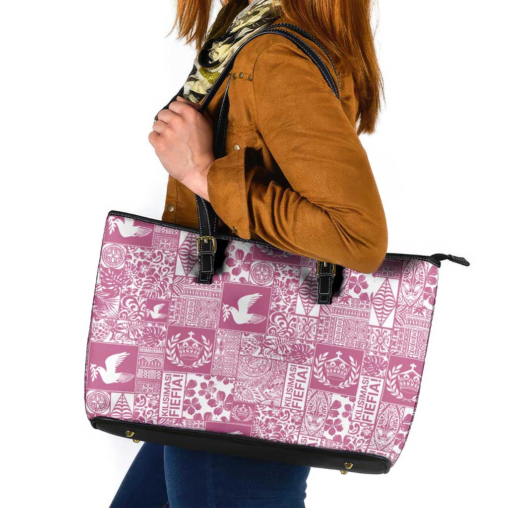Pink Tonga Kilisimasi Fiefia Leather Tote Bag Pacific Patchwork Xmas Vibes - Polynesian Pride