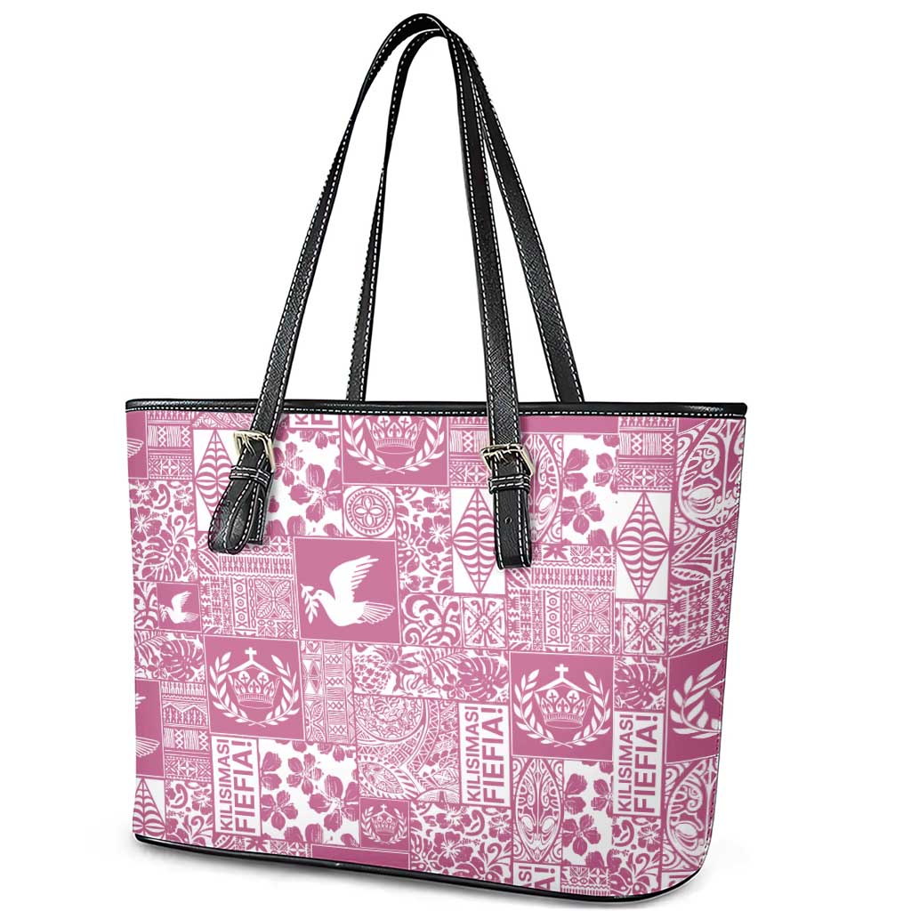 Pink Tonga Kilisimasi Fiefia Leather Tote Bag Pacific Patchwork Xmas Vibes - Polynesian Pride