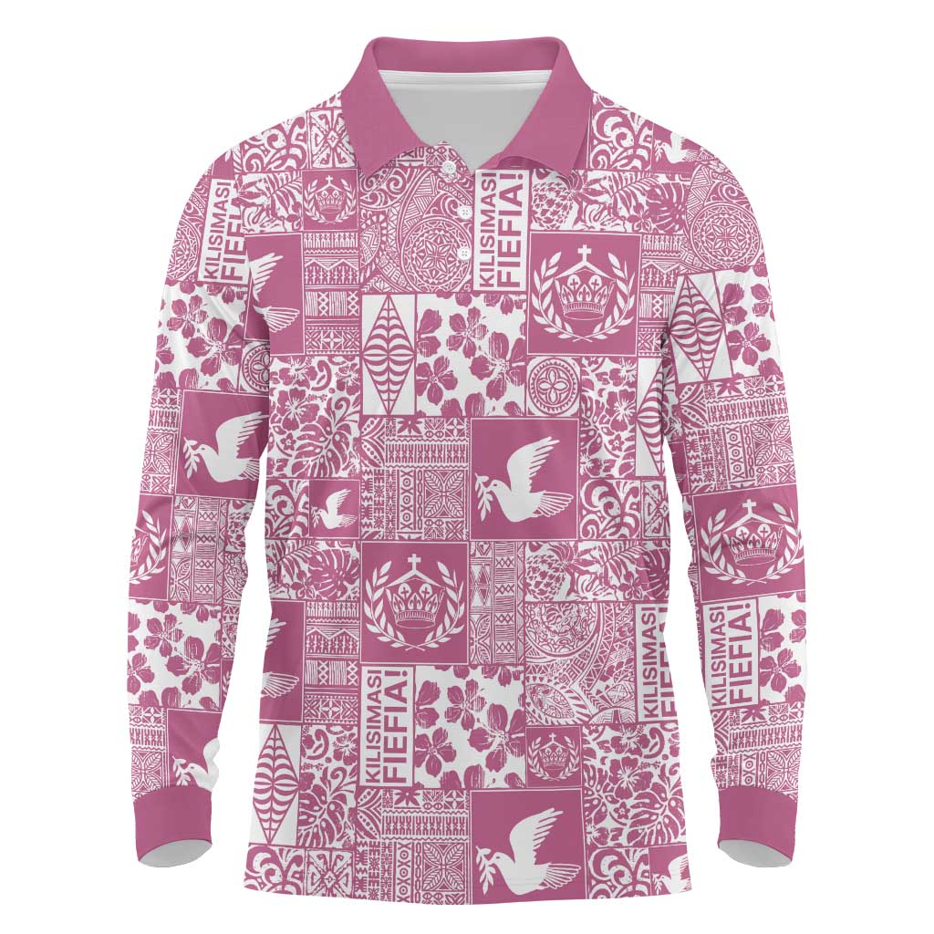 Pink Tonga Kilisimasi Fiefia Long Sleeve Polo Shirt Pacific Patchwork Xmas Vibes - Polynesian Pride