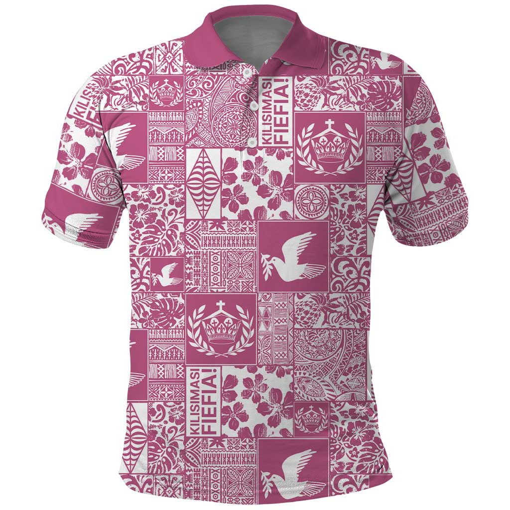 Pink Tonga Kilisimasi Fiefia Polo Shirt Pacific Patchwork Xmas Vibes - Polynesian Pride