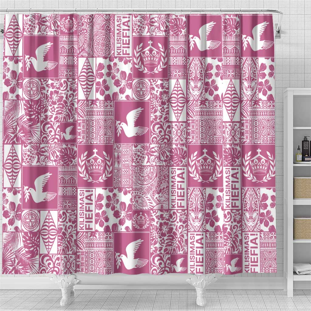 Pink Tonga Kilisimasi Fiefia Shower Curtain Pacific Patchwork Xmas Vibes - Polynesian Pride
