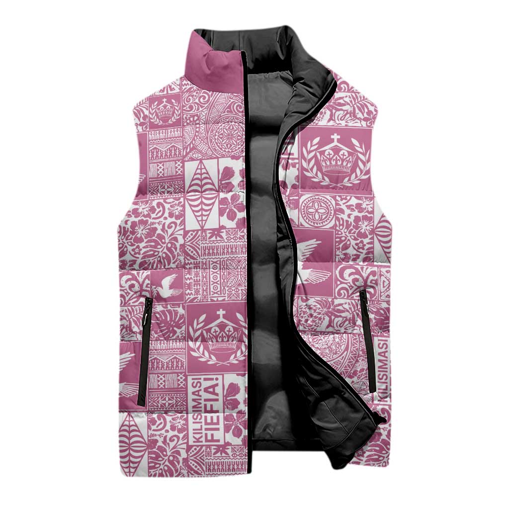 Pink Tonga Kilisimasi Fiefia Sleeveless Puffer Jacket Pacific Patchwork Xmas Vibes - Polynesian Pride