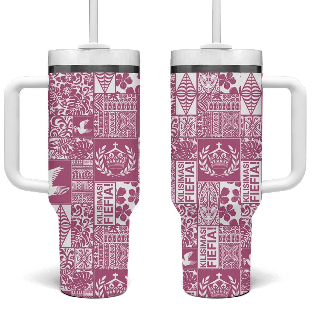 Pink Tonga Kilisimasi Fiefia Tumbler With Handle Pacific Patchwork Xmas Vibes LT9 One Size: 40 oz Pink - Polynesian Pride
