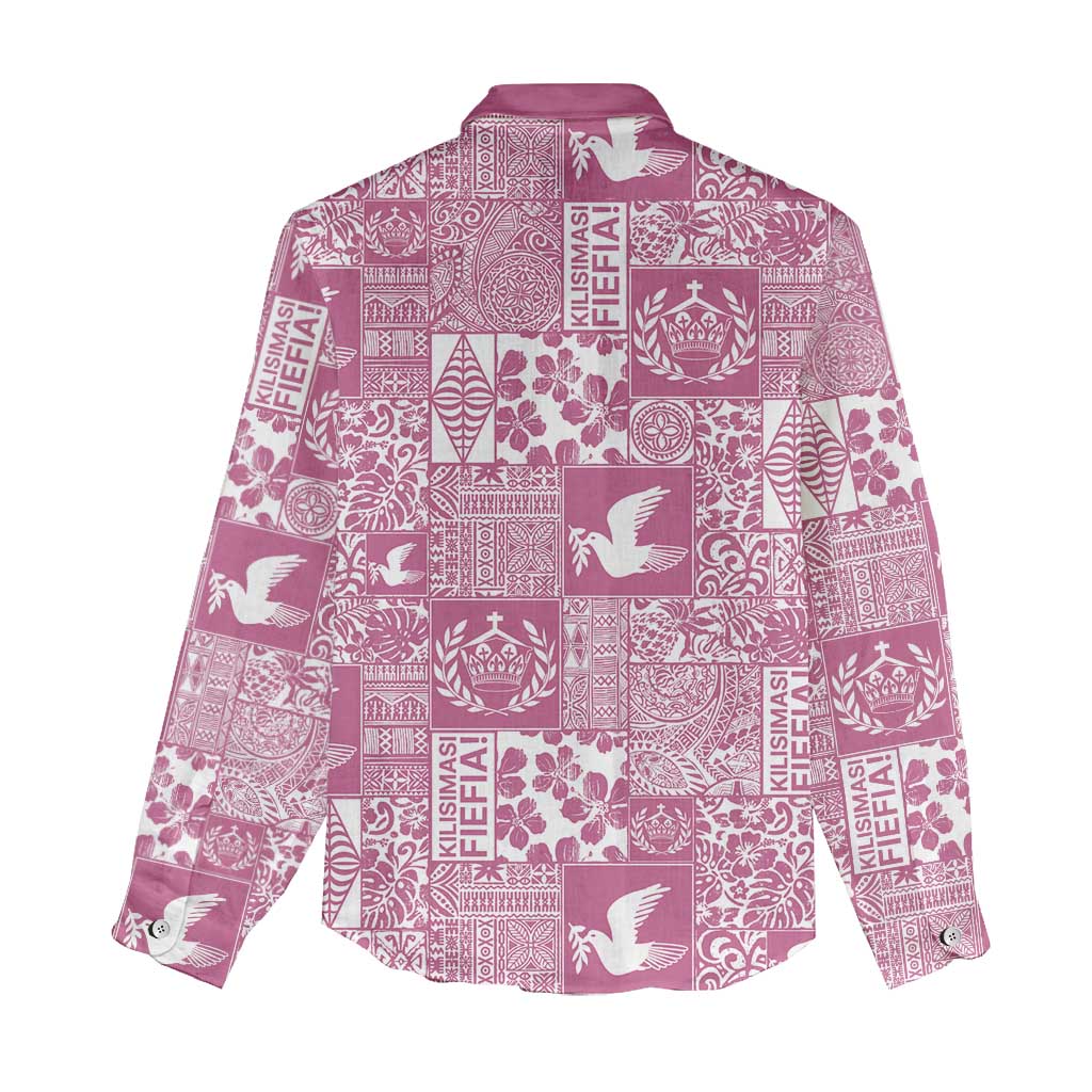 Pink Tonga Kilisimasi Fiefia Women Casual Shirt Pacific Patchwork Xmas Vibes - Polynesian Pride