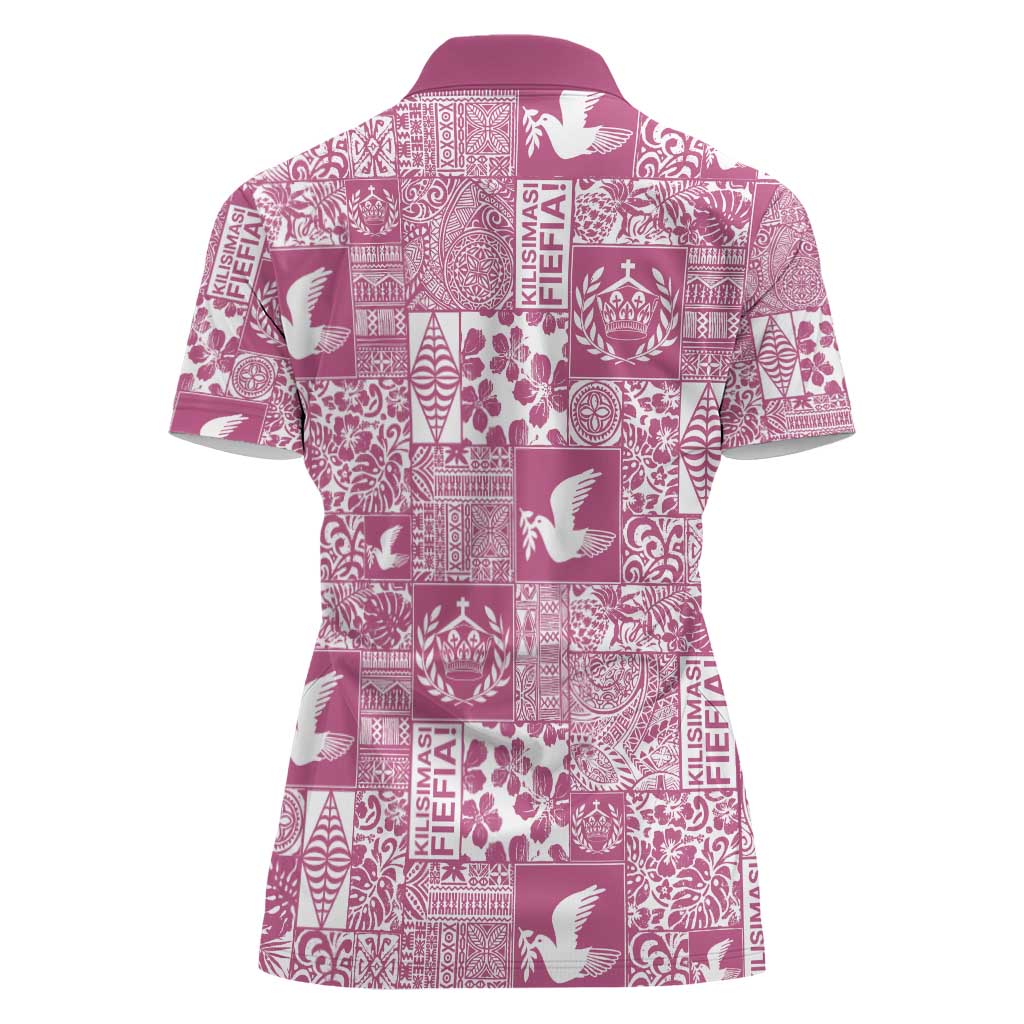 Pink Tonga Kilisimasi Fiefia Women Polo Shirt Pacific Patchwork Xmas Vibes - Polynesian Pride