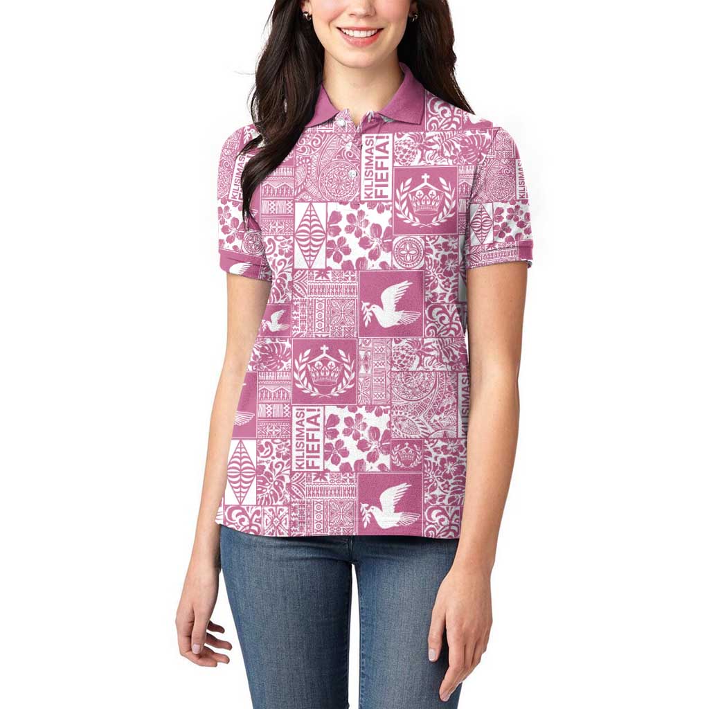 Pink Tonga Kilisimasi Fiefia Women Polo Shirt Pacific Patchwork Xmas Vibes - Polynesian Pride