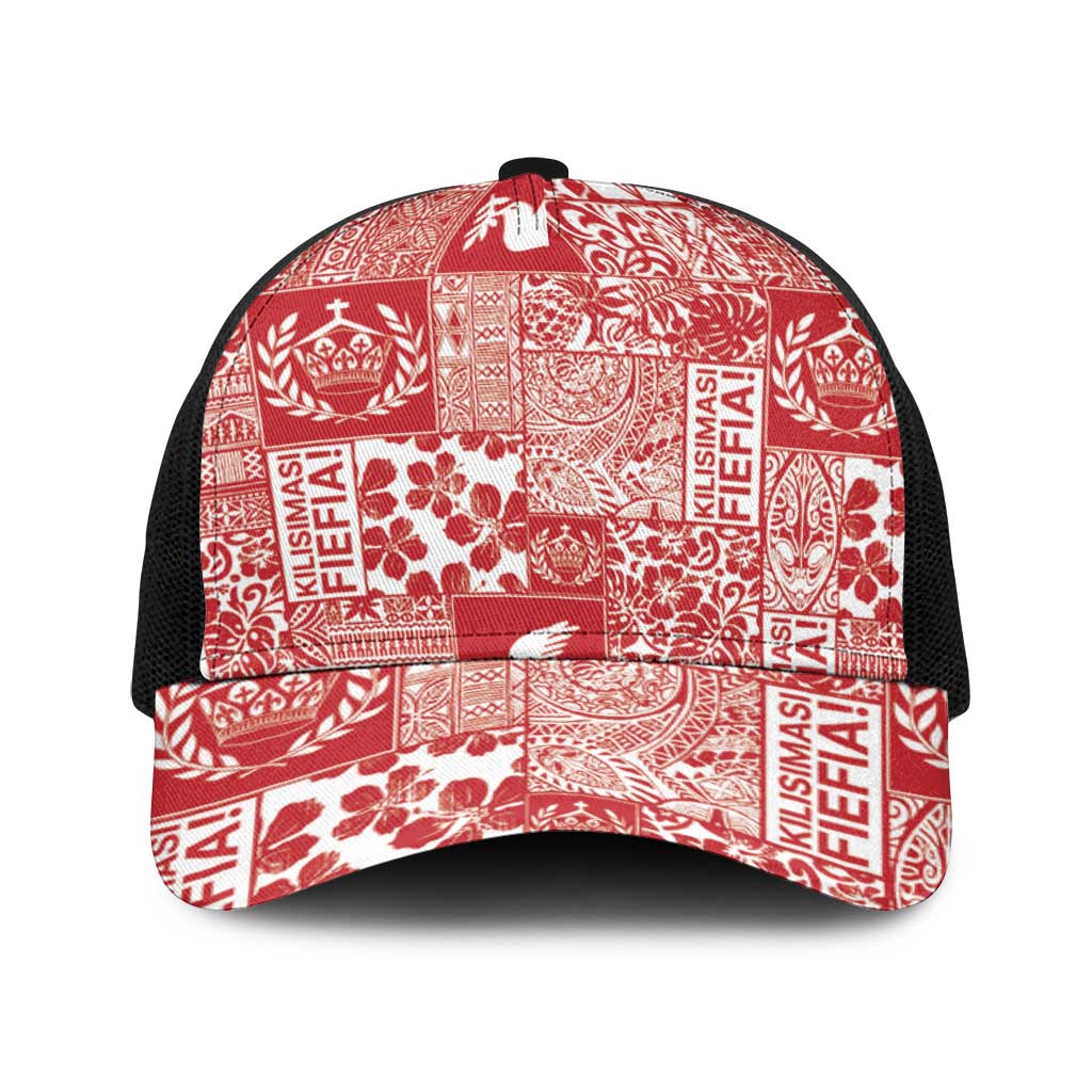 Red Tonga Kilisimasi Fiefia Baseball Net Cap Pacific Patchwork Xmas Vibes - Polynesian Pride