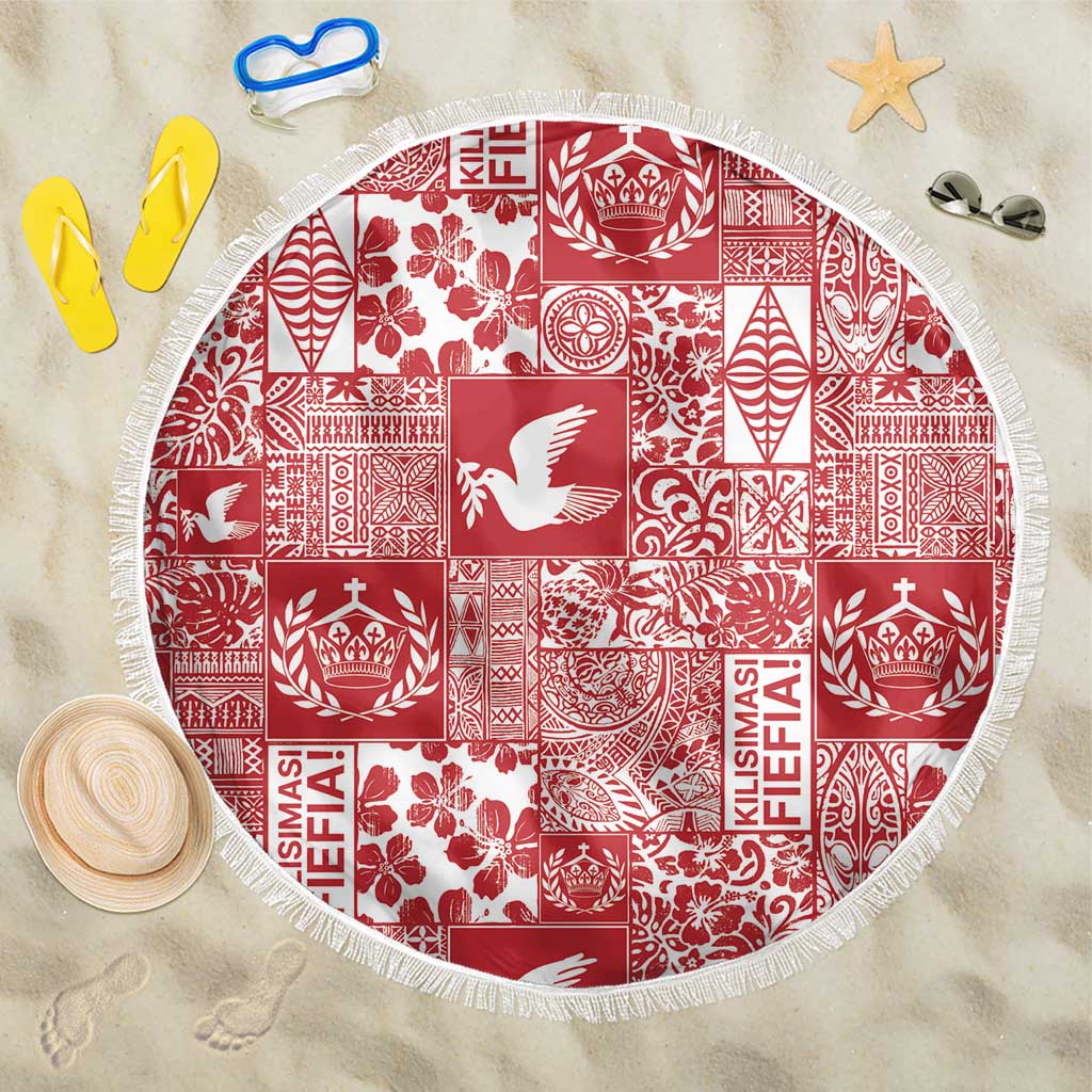 Red Tonga Kilisimasi Fiefia Beach Blanket Pacific Patchwork Xmas Vibes - Polynesian Pride